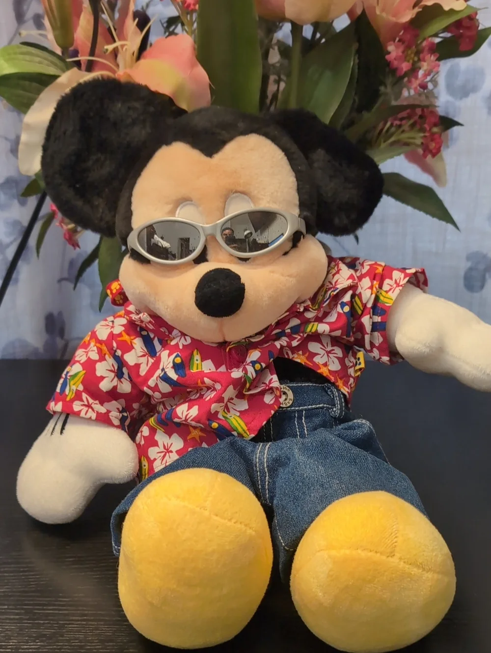 Mickey Mouse Plush Toy in Red Hawaiian Shirt and Blue Jeans